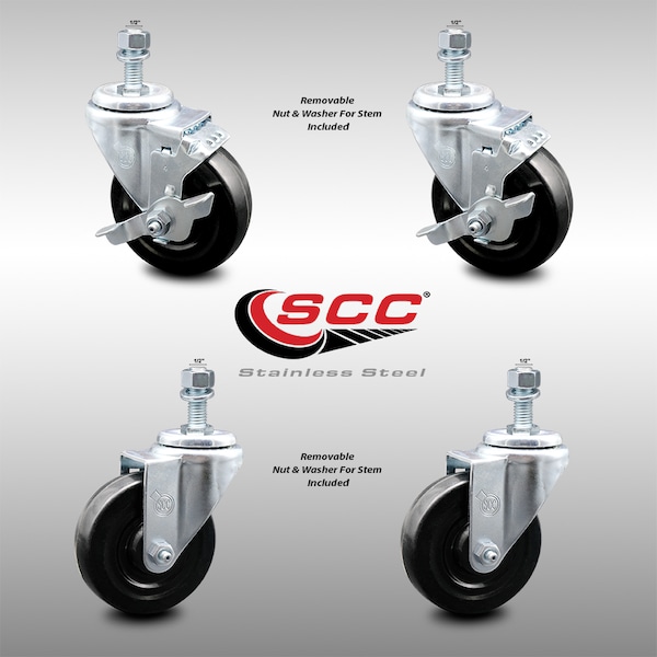 Service Caster 4 Inch SS Hard Rubber Wheel Swivel 1/2 Inch Threaded Stem Caster Brakes SCC, 2PK SCC-SSTS20S414-HRS-121315-2-TLB-2 - main